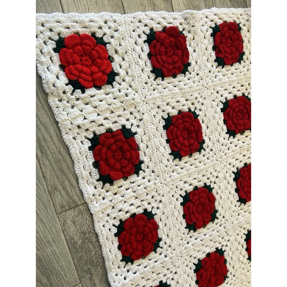 Granny Square‎ Afghan Quilt Blanket 3D Rose Handmade Floral Vintage Cottage core